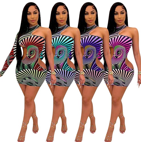 Womens Cut Out One Shoulder Long Sleeve Night Club Dress MEM-8338