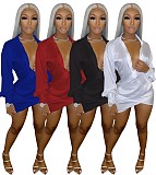 Irregular Long Sleeve Deep V Neck Night Club Shirt Mini Dress WSM-5225