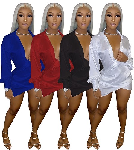 Irregular Long Sleeve Deep V Neck Night Club Shirt Mini Dress WSM-5225
