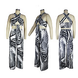 Hot Style Print Lace-up Chest Wrap Wide-leg Pants 2 Piece Set JLY-19169