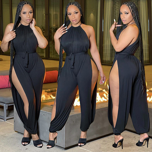Summer Sexy Solid Color Sides Slit Sleeveless Jumpsuit With Belt BGN-149