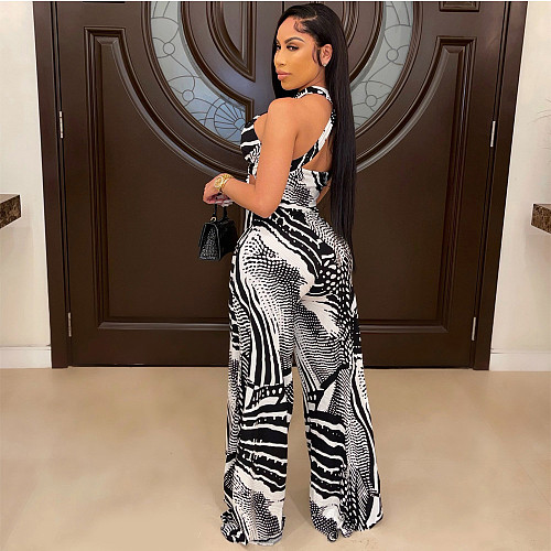 Hot Style Print Lace-up Chest Wrap Wide-leg Pants 2 Piece Set JLY-19169