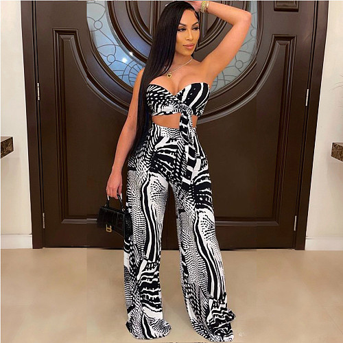 Hot Style Print Lace-up Chest Wrap Wide-leg Pants 2 Piece Set JLY-19169