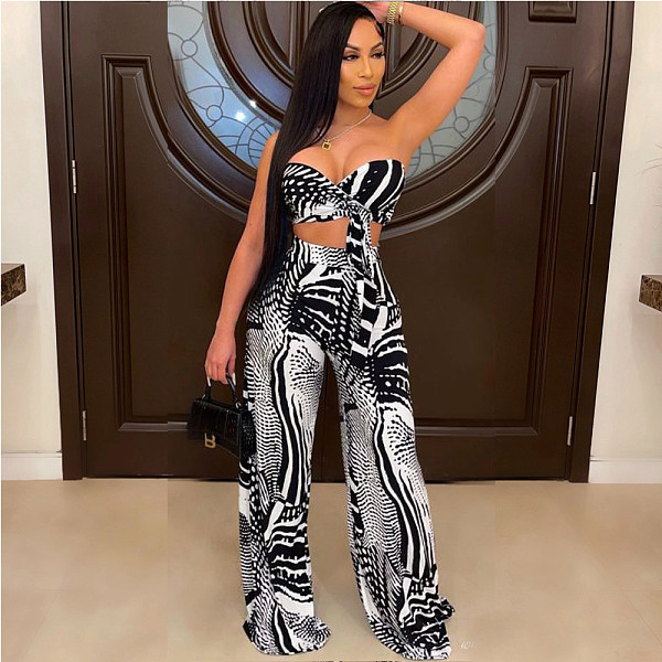 Hot Style Print Lace-up Chest Wrap Wide-leg Pants 2 Piece Set JLY-19169