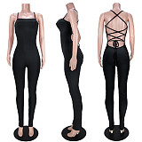 Elegant Women Ribbed Knit Halter Backless Bodycon Jumpsuit ASL-6336