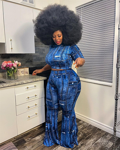 Plus Size Print Short Sleeve Top Flared Trousers 2 Piece Set HEJ-6044