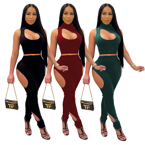 Women Cut Out Sleeveless Top Leggings Bodycon 2 Piece Set YUM-9062
