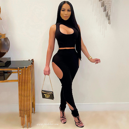 Women Cut Out Sleeveless Top Leggings Bodycon 2 Piece Set YUM-9062