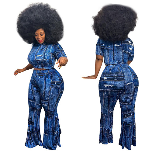 Plus Size Print Short Sleeve Top Flared Trousers 2 Piece Set HEJ-6044