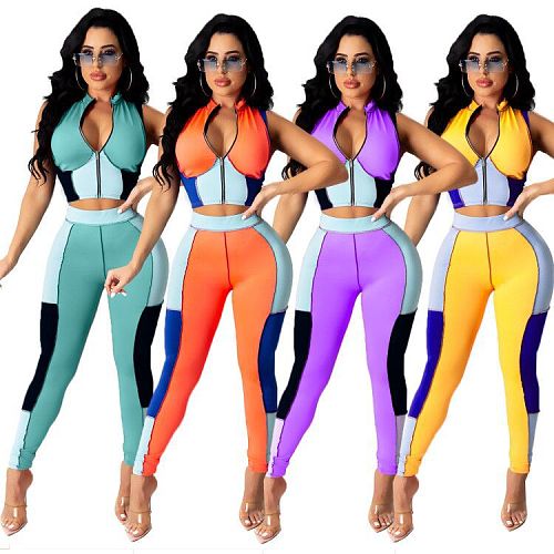 Color Block Splicing Zipper Crop Top Leggings 2 Piece Set LA-3259