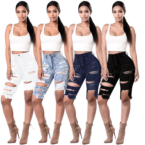 Woman Ripped High Waist Broken Knee Length Jeans Pants HSF-2067