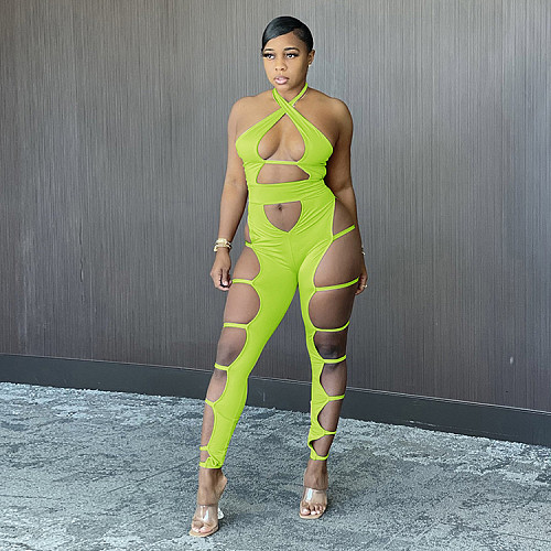 Sexy Solid Sleeveless Hollow Out Skinny Clubwear Jumpsuits GLS-8109