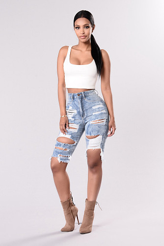 Woman Ripped High Waist Broken Knee Length Jeans Pants HSF-2067