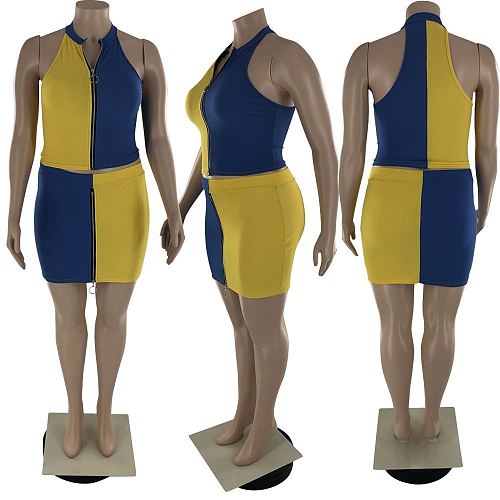 Fashion Spliced Zipper Sleeveless Top Two Piece Shorts Set LP-6276