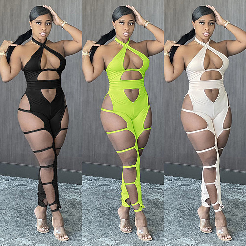 Sexy Solid Sleeveless Hollow Out Skinny Clubwear Jumpsuits GLS-8109