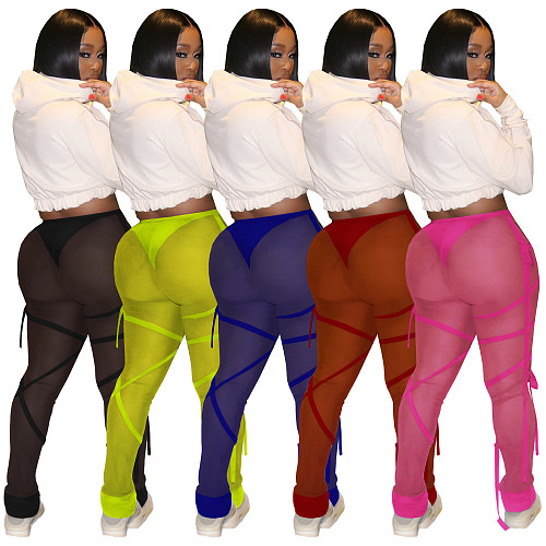 Solid Color High Elastic Perspective Push Up Skinny Pants TE-4234