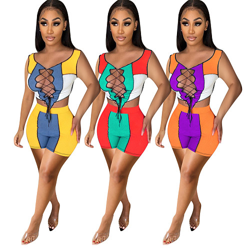 Rib Stitched Sleeveless Lace-up Top Shorts 2 Piece Outfits NIK-223