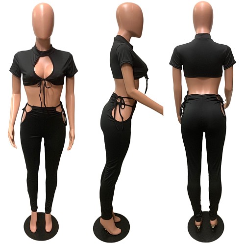 Summer Solid Color Short Sleeve Crop Top Leggings 2 Pieces QZX-6198