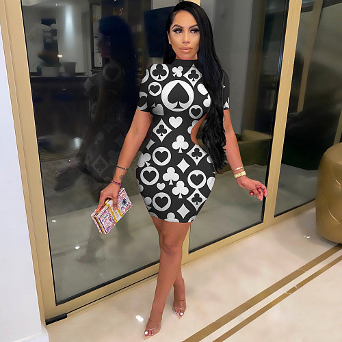 Sexy Poker Print Short Sleeve Backless Skinny Mini Dress DD-8079