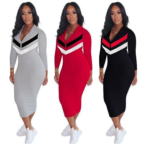 Plus Size Women Long Sleeve Front Zipper Bodycon Sport Dress OM-1162
