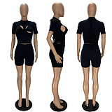 Solid Color Hollow Out Short Sleeve Top+Bra+Shorts 3 Piece Set XY-9092