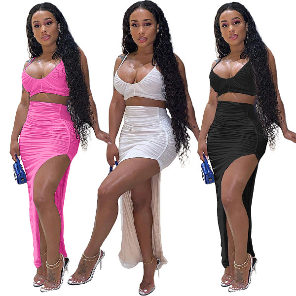 Sexy Halter Crop Tops High Slit Irregular Skirts 2 Piece Set NIYA-8042