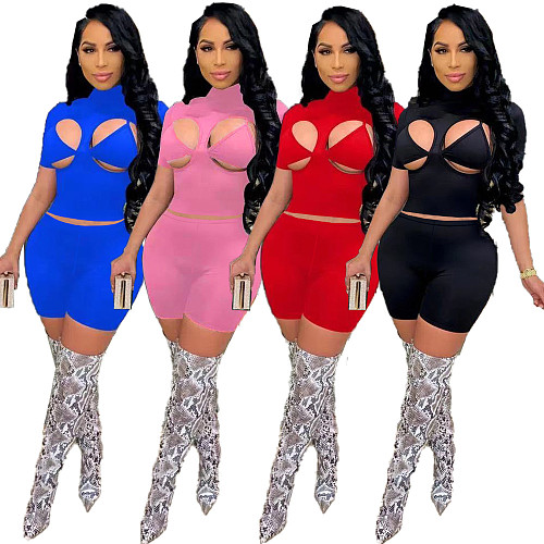 Solid Color Hollow Out Short Sleeve Top+Bra+Shorts 3 Piece Set XY-9092