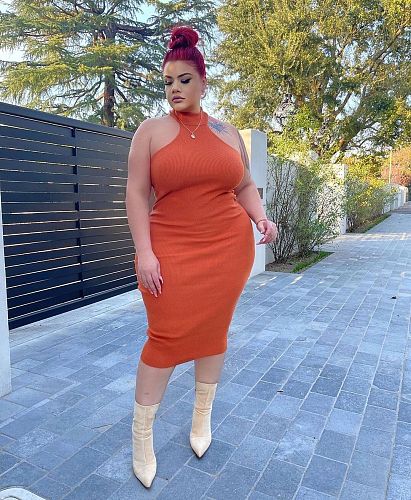 Plus Size Summer Sleeveless Halter Neck Bodycon Midi Dress HEJ-6048