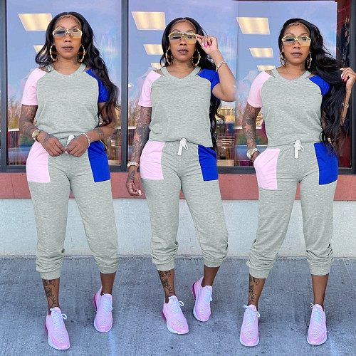 Color Block Splicing V Neck T-shirt Elastic Pants 2 Piece Set YIS-534