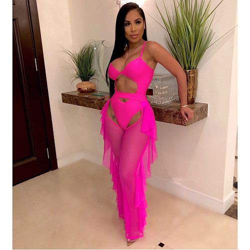 Sexy Solid Color Swimsuit Mesh Splice Straight Pants Two-piece Set SFY-018