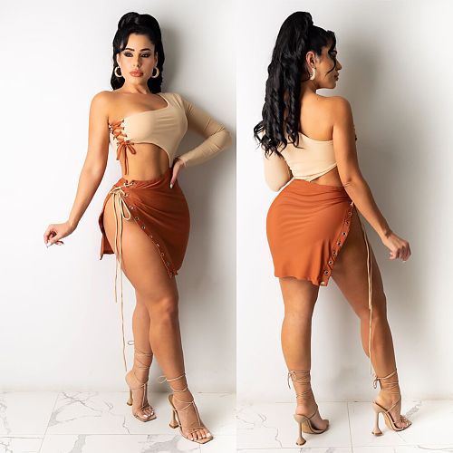 Sexy One Shoulder Eyelet Lace-up Irregular Hollow Out Dress YSF-469