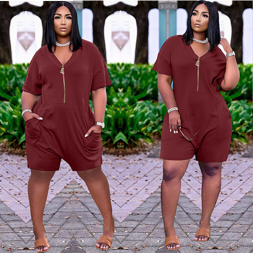 Women's Loose Solid Color V-neck Zipper Patchwork Romper AL-242