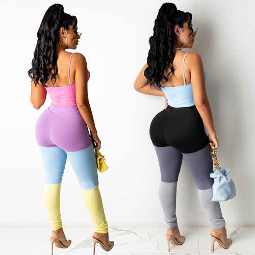 Multicolor Spliced Low Cut Sleeveless Bodycon Halter Jumpsuit BGN-155