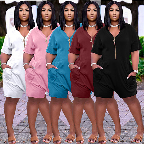 Women's Loose Solid Color V-neck Zipper Patchwork Romper AL-242
