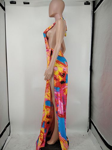 Sexy Print Deep V Neck Backless Bikini Cover Up Beach Dress NK-8595
