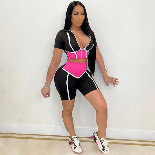 Short-sleeved Hooded Zipper Top High Waist Shorts 2 Pieces FNN-8592