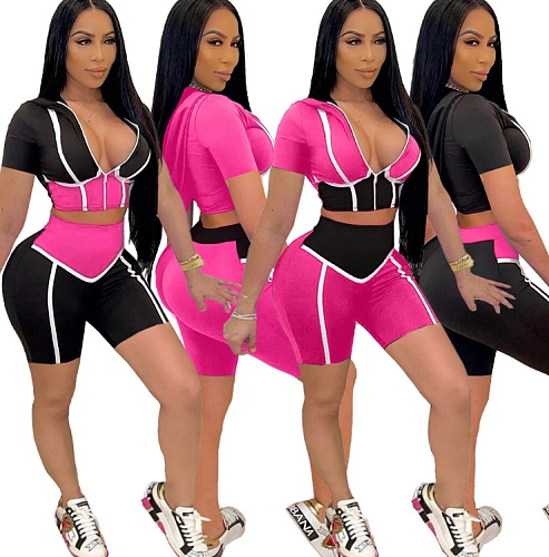 Short-sleeved Hooded Zipper Top High Waist Shorts 2 Pieces FNN-8592
