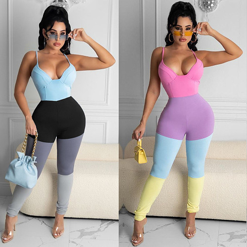 Multicolor Spliced Low Cut Sleeveless Bodycon Halter Jumpsuit BGN-155