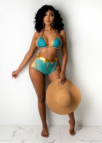 Sexy Halter Ruched High Waist Print Bikini Set Separate Swimsuit CM-2112