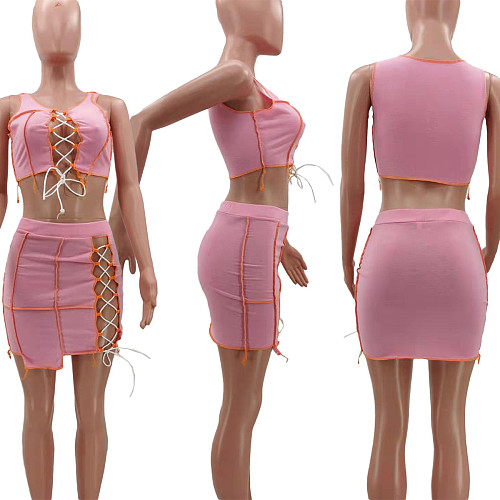 Women Lace Up Sexy Crop Tops Mini Skirts 2 Piece Matching Set TK-6161