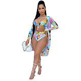 Sexy Floral Leaf Print Boho Bra Cover Up 3 Pieces Bikini Set DY-6991