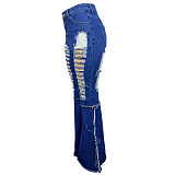 Autumn Hot Style Personality Ripped Denim Bell Bottoms LSL-6376