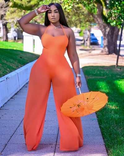 Sexy Solid Color Mesh Splice Sleeveless Wide Leg Jumpsuit XY-9091