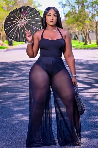Sexy Solid Color Mesh Splice Sleeveless Wide Leg Jumpsuit XY-9091