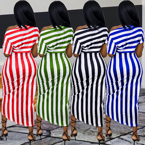Fashion Stripe Printed Short Sleeve Skinny Irregular Midi Dress WA-7166