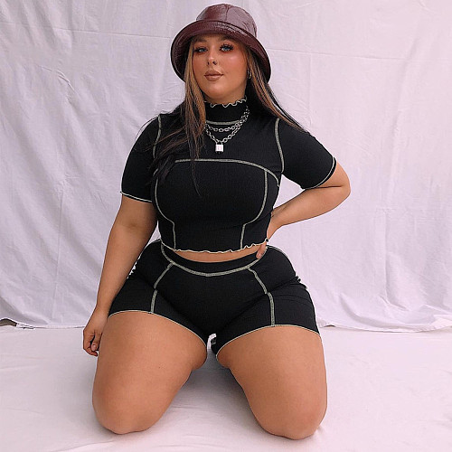 Women Short Sleeve Crop Top+Biker Shorts Fitness 2Piece Set JLY-19172