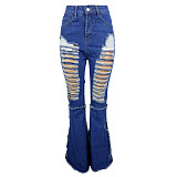 Autumn Hot Style Personality Ripped Denim Bell Bottoms LSL-6376