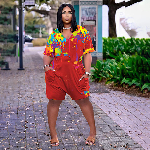Splash Ink Printing Loose-fitting Short Sleeve Pockets Romper HT-6061