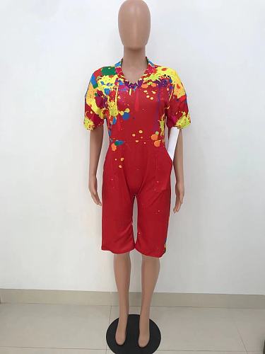 Splash Ink Printing Loose-fitting Short Sleeve Pockets Romper HT-6061