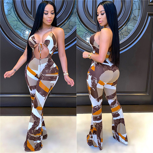 Sexy Print Sleeveless Hollow Out Lace Up Bodycon Jumpsuit LSL-6359